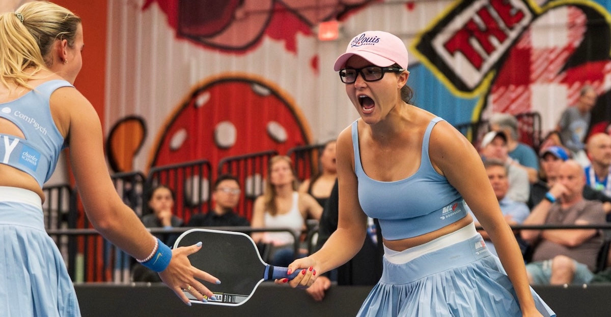 Anna Bright celebrates after winning a point during a Major League Pickleball match in Columbus, Ohio.