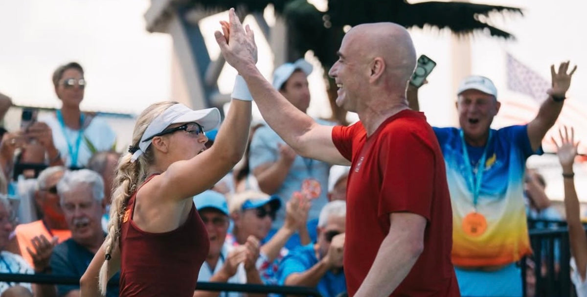 Tennis legend Andre Agassi and world No. 1 women's pickleball player Anna Leigh Waters won their first match Wednesday at the U.S. Open Pickleball Championships, but lost their Round of 16 match later in the day.