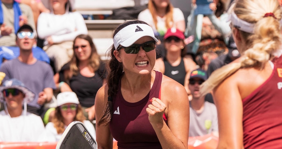 Anna Bright and Anna Leigh Waters celebrate during a match at the PPA Tour Atlanta Pickleball Championships in 2025.