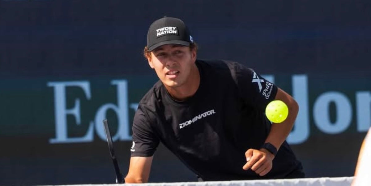 Connor Garnett hits a shot during a Major League Pickleball match in 2025.