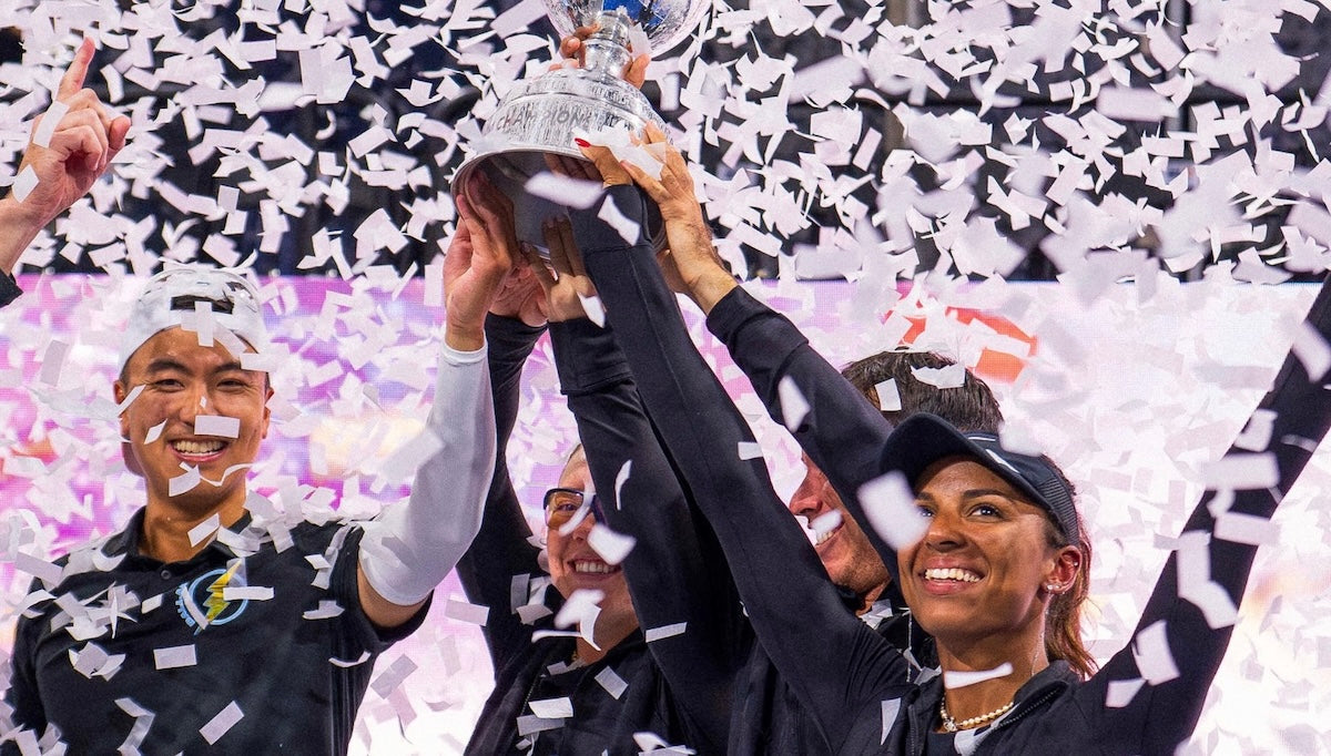 Players on the Dallas Flash celebrate after winning the Major League Pickleball championship in 2024.