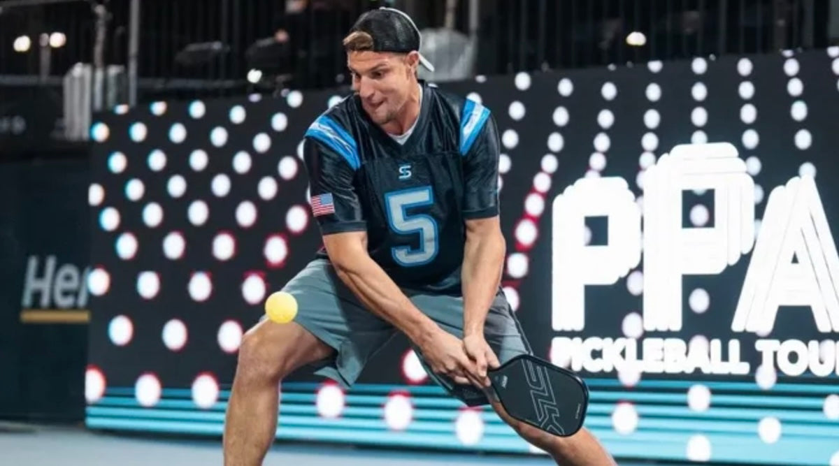 Rob Gronkowski plays pickleball during a PPA Tour celebrity exhibition match.