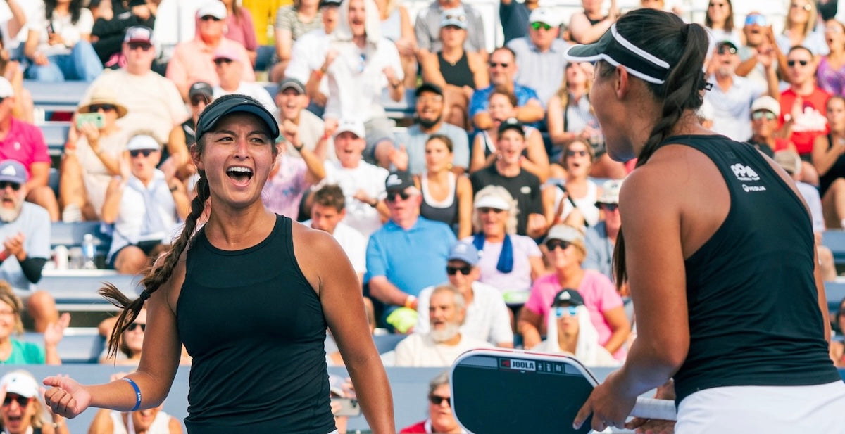 Jade and Jackie Kawamoto celebrate after winning a point during the PPA Tour Cincinnati Showcase in September 2025.