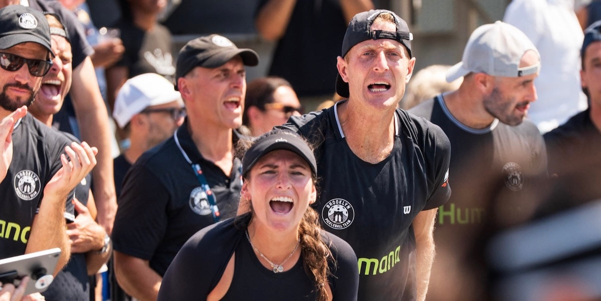 Rachel Rohrabacher and Riley Newman celebrate after a point during Major League Pickleball New York in July 2025.