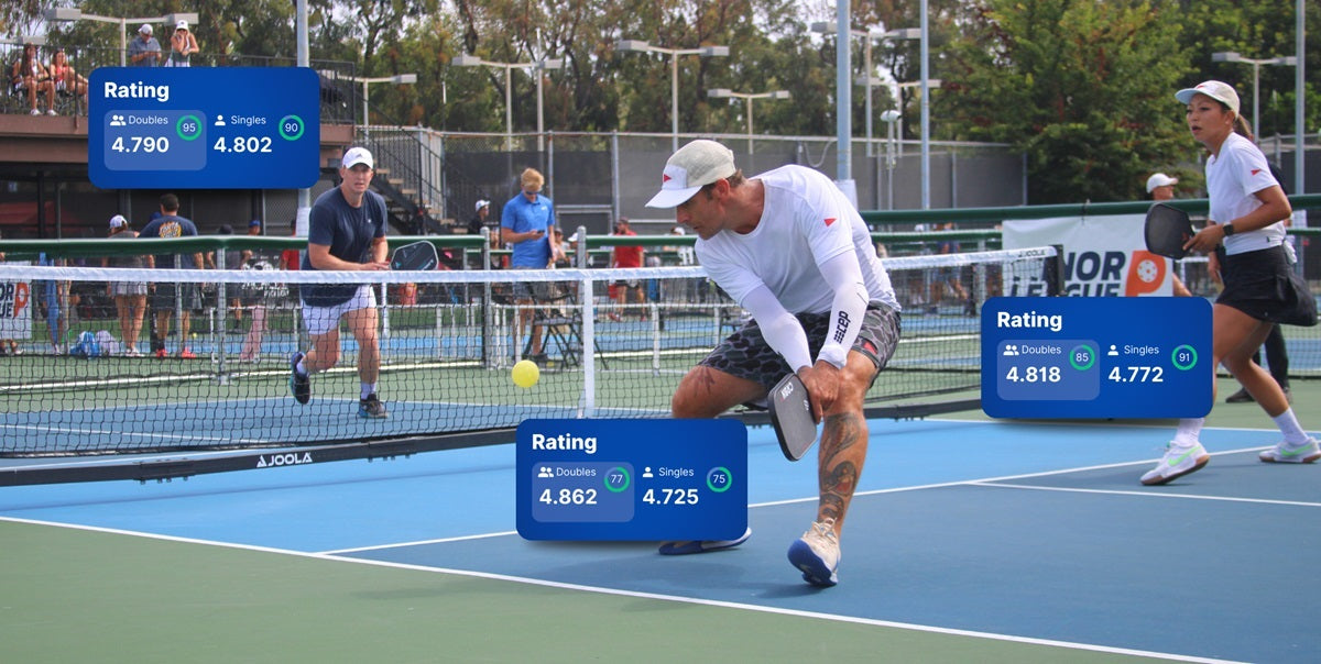 Players mid-pickleball point with their DUPR ratings displayed above or next to them