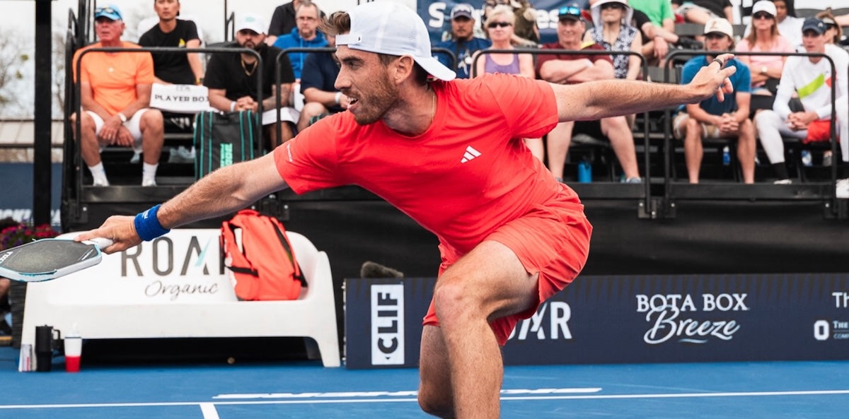 Federico Staksrud plays a singles pickleball match during a PPA Tour event in 2025.