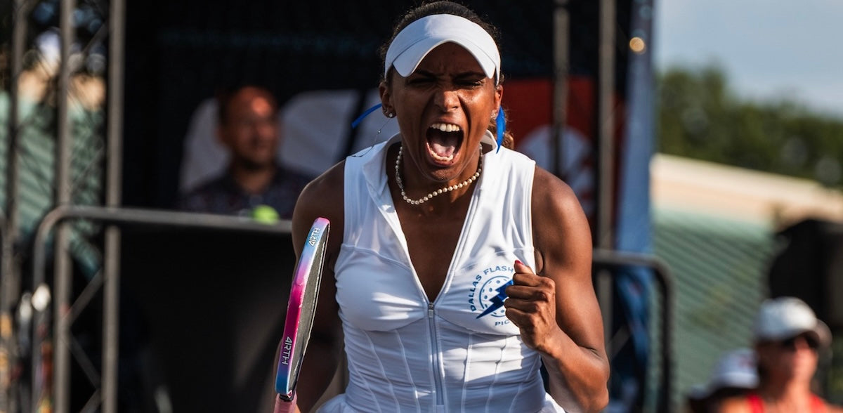 Tyra Black of the Dallas Flash celebrates after winning a point during the Major League Pickleball Mid-Season Tournament.