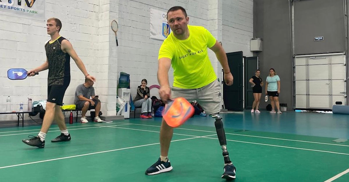 Players play pickleball in Ukraine.