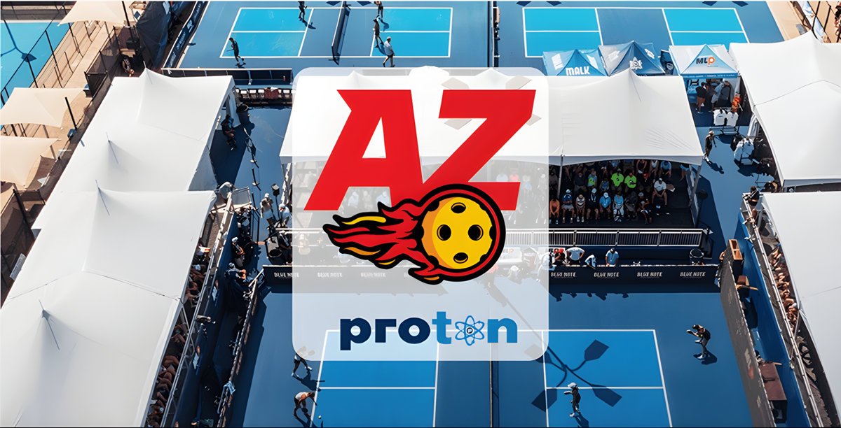 AZ Drive and Proton sports logos set against the backdrop of professional pickleball courts