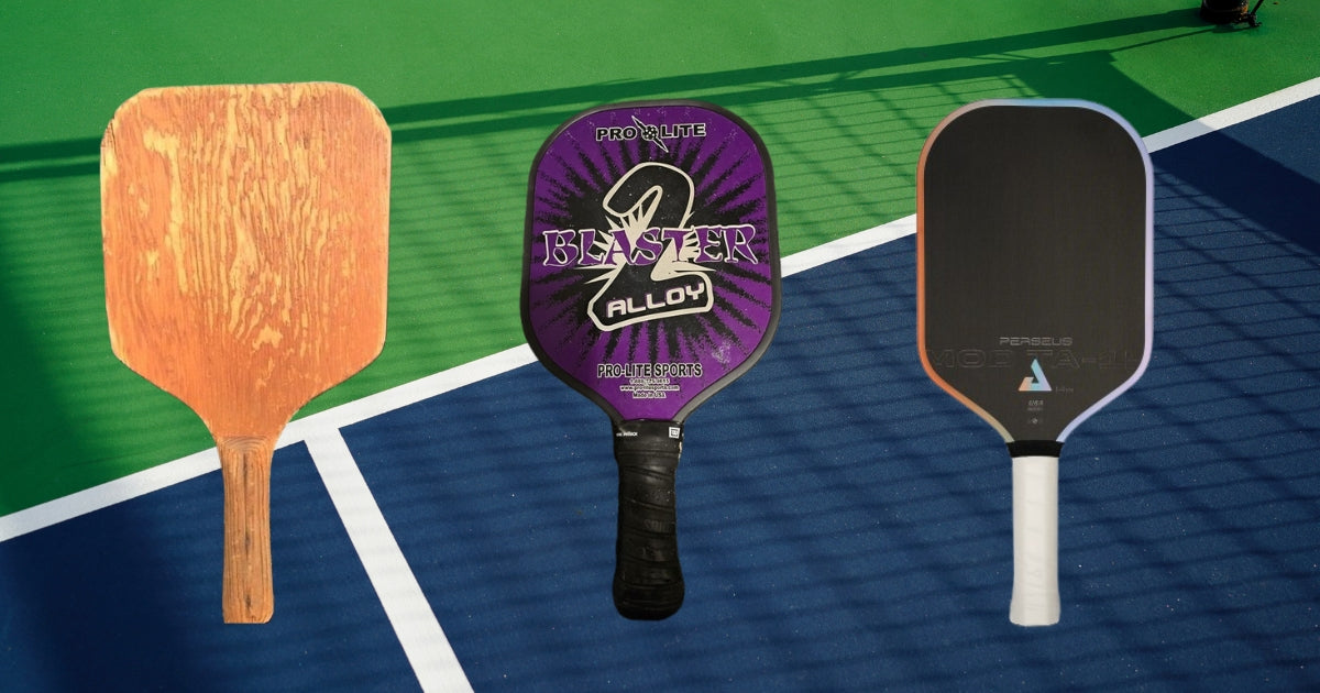 A graphic representing the different evolutions of pickleball paddle technology against the background of a court