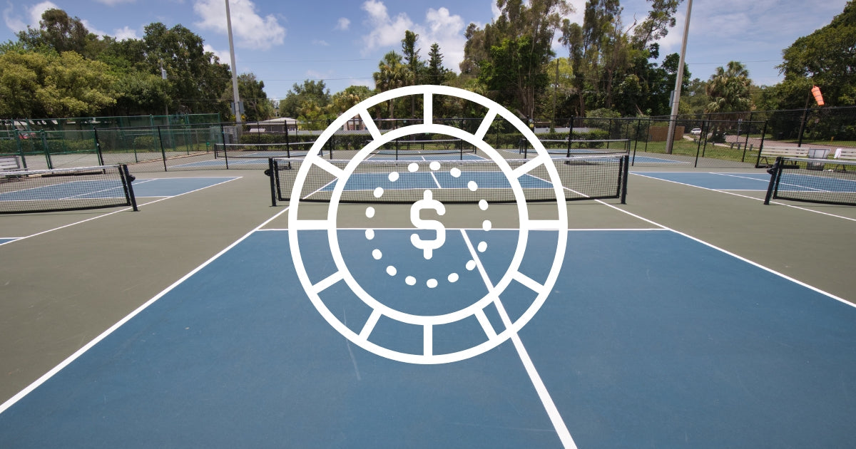 A set of pickleball courts overlayed with a money sign, symbolizing betting