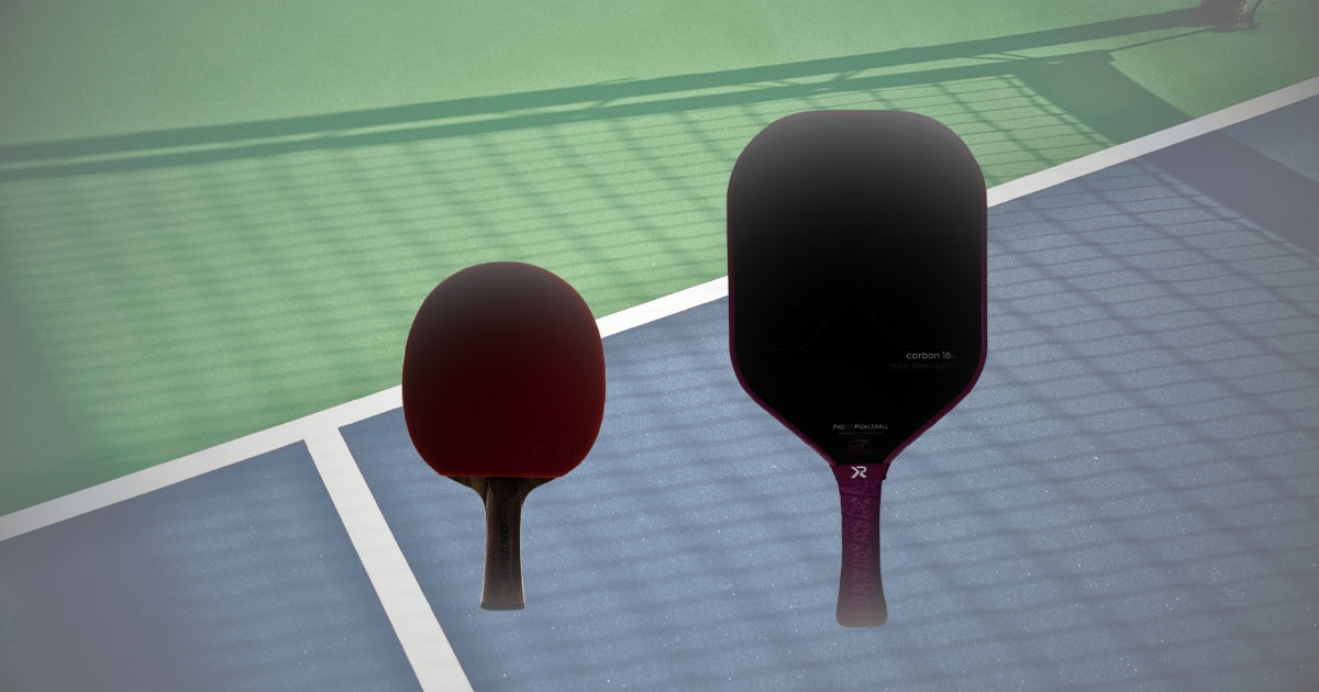 A ping pong paddle and a pickleball paddle against a pickleball court background