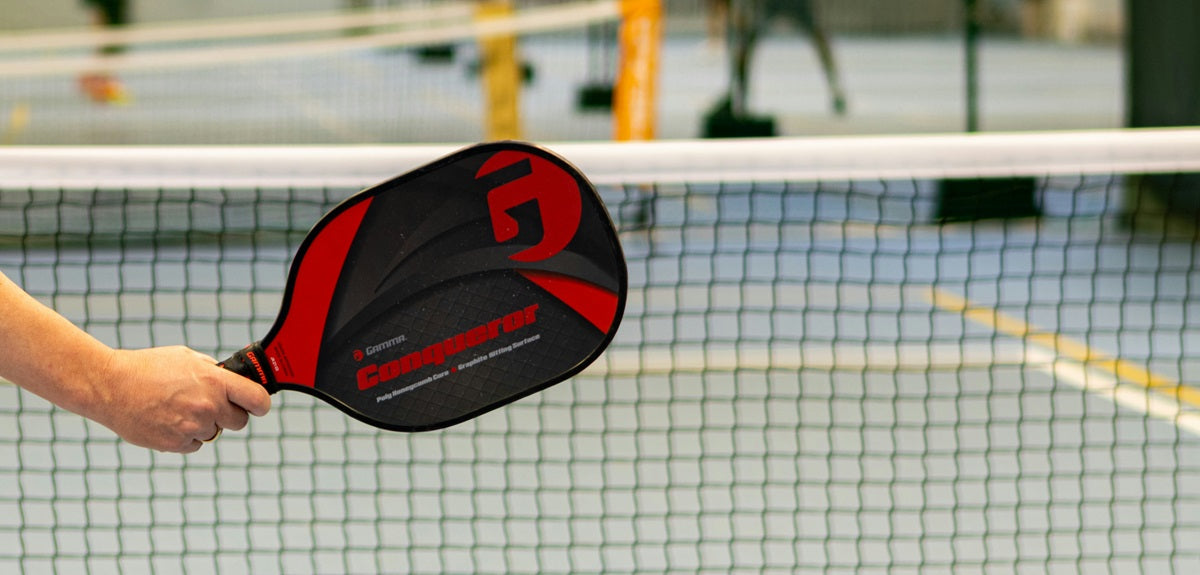 Hand with pickleball paddle covering the middle of the court.