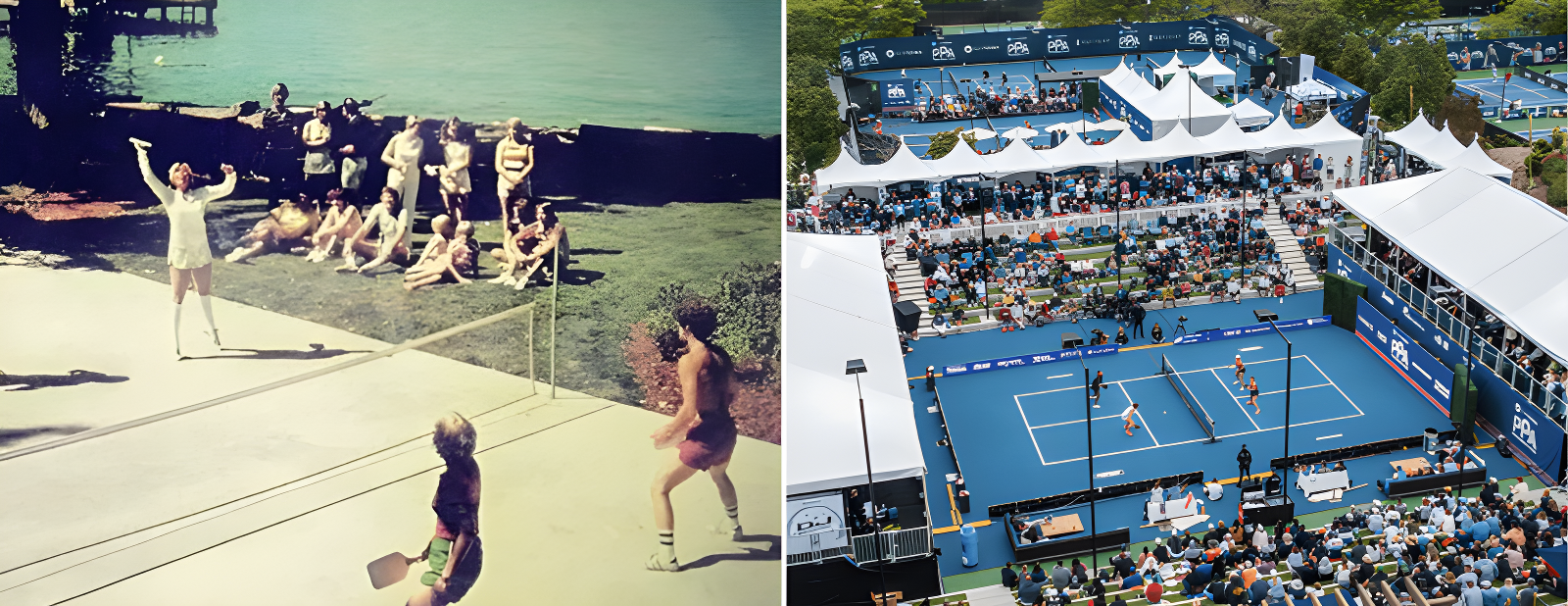 Pickleball being played in the 70s, left, vs. pro pickleball being played now, right