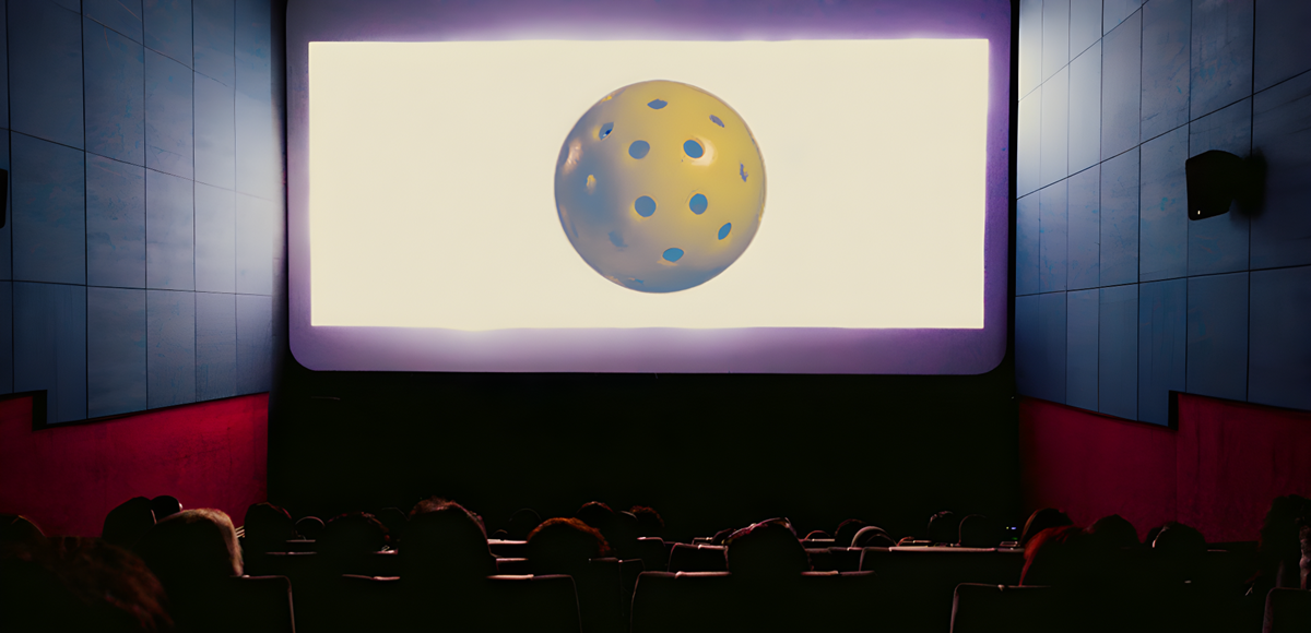 Image of a pickleball projected onto a movie theater screen.