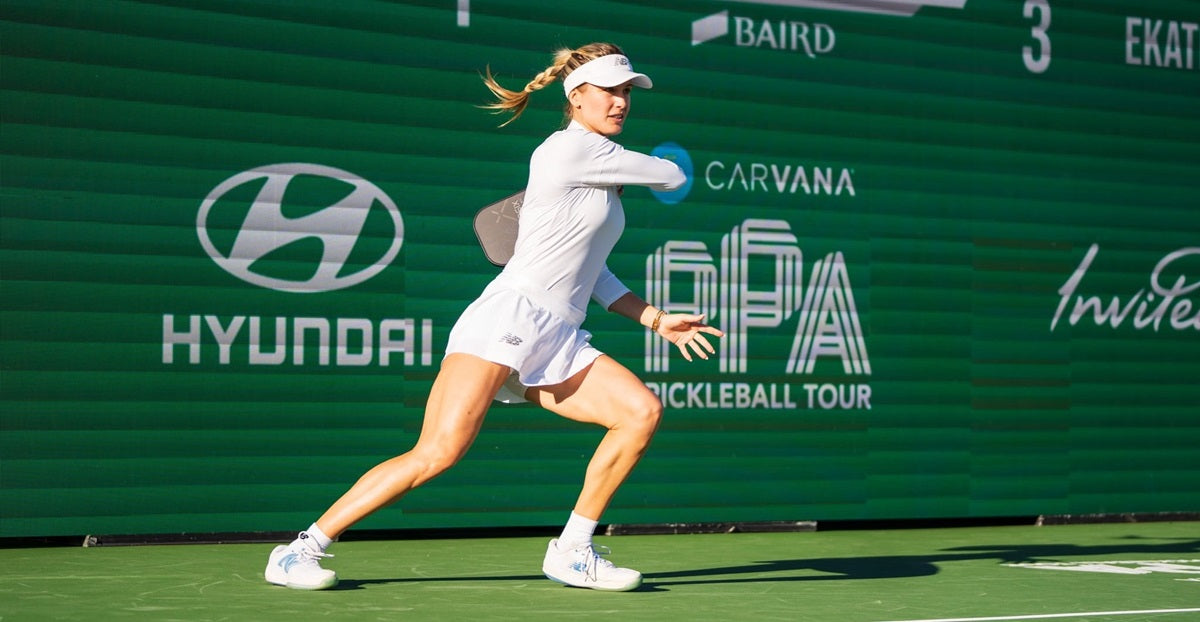 PPA Tour player Genie Bouchard immediate after making contact with the pickleball