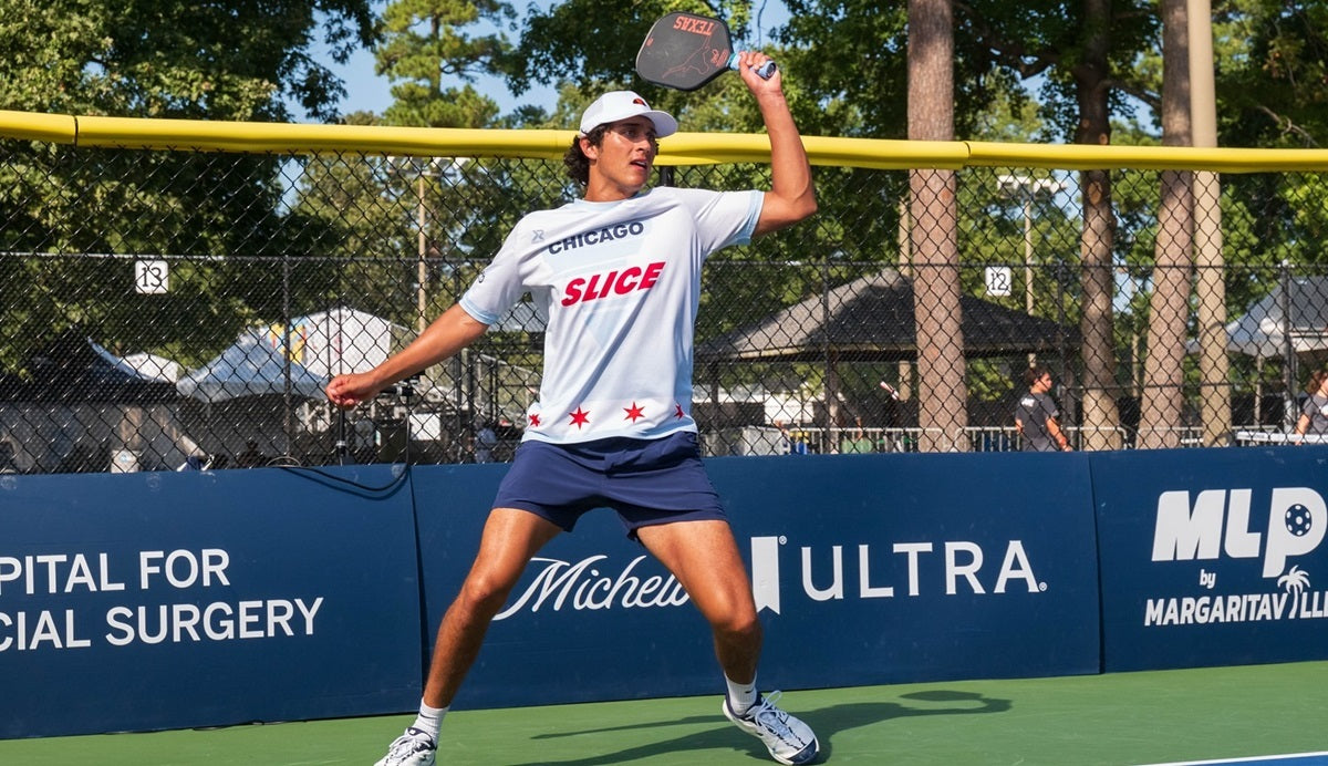 Pro pickleball player Jack Munro just after making a shot