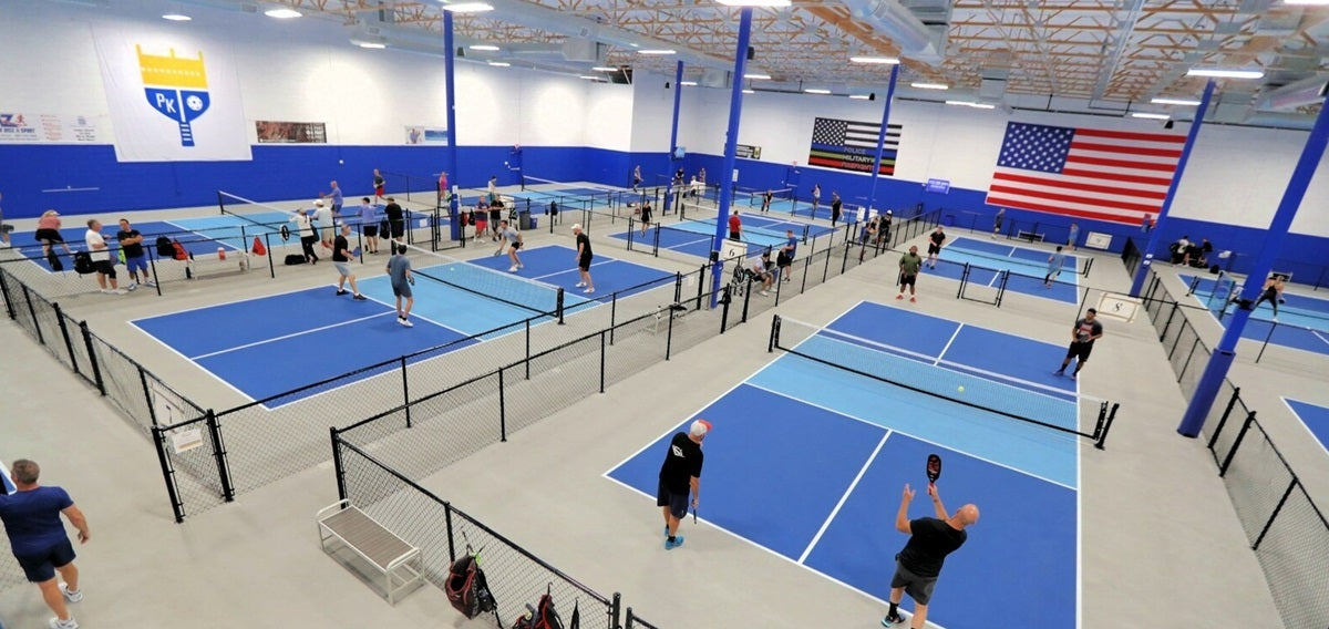 Inside an indoor pickleball facility