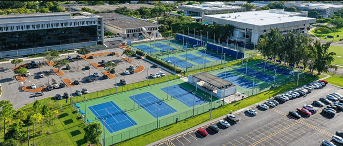 A top down view of the Miami Dade University pickleball center
