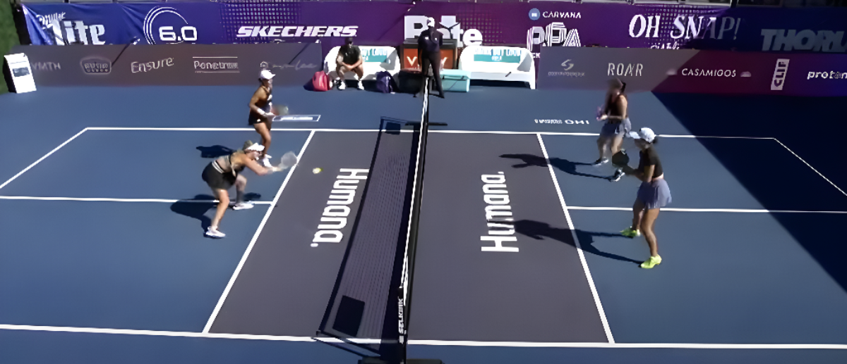 Mid-point during an intense PPA Tour pickleball match