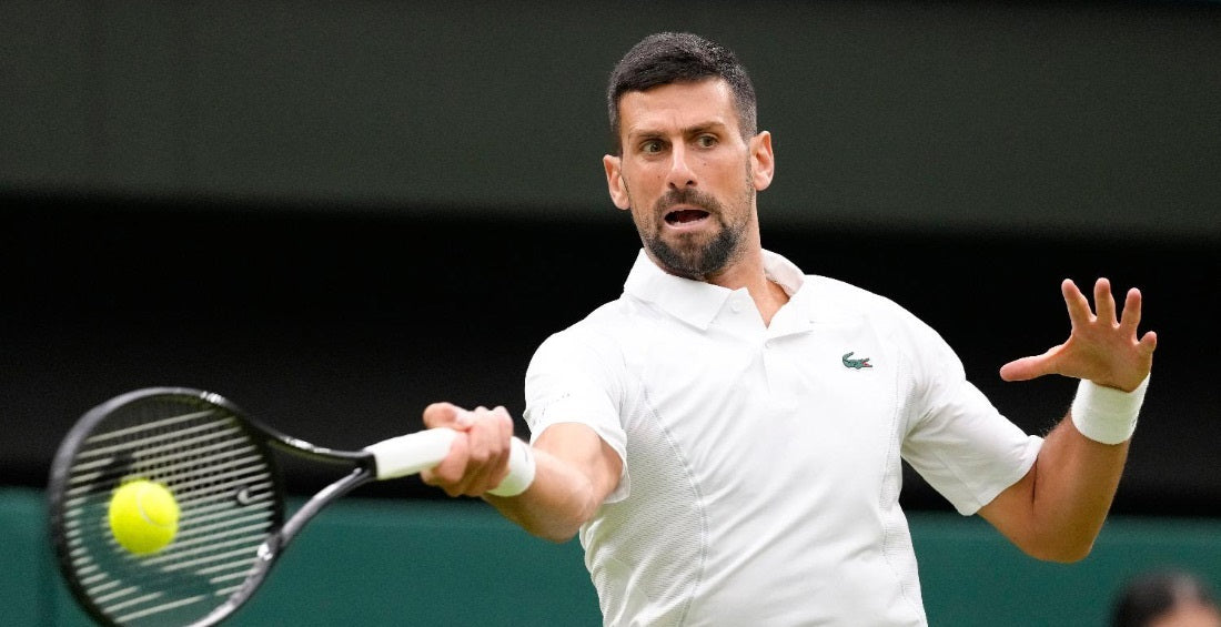 Novak Djokovic mid-hit