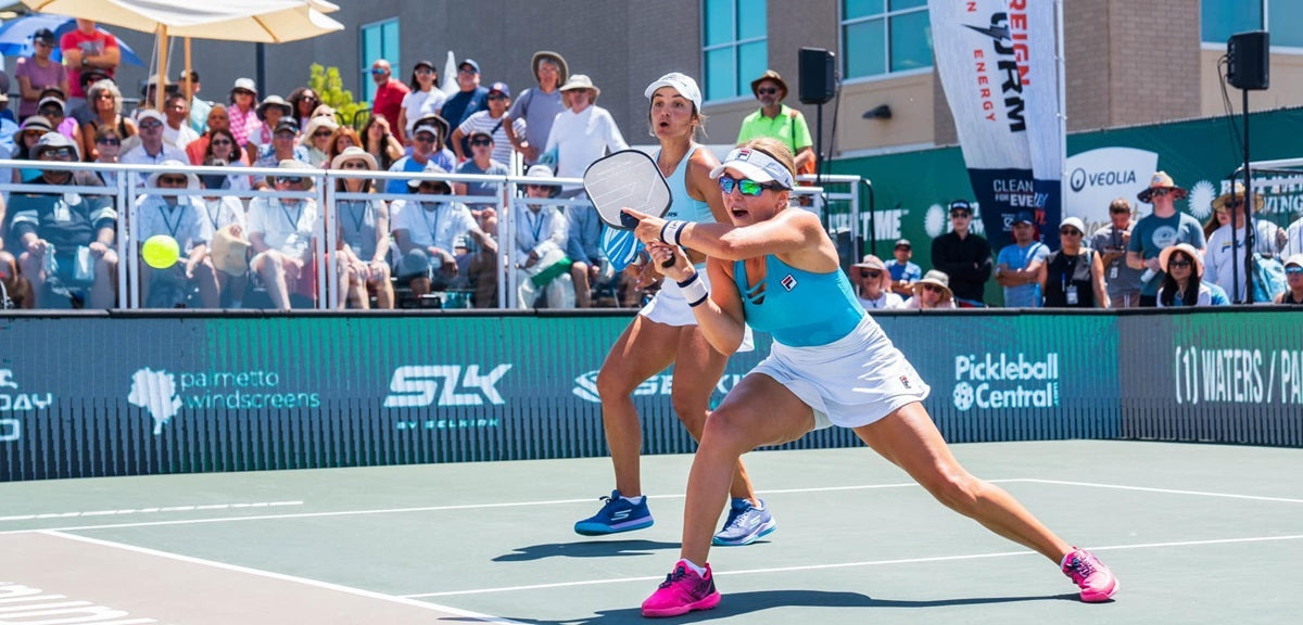 PPA Tour photo of Anna Leigh Waters and Catherine Parenteau volleying in pickleball