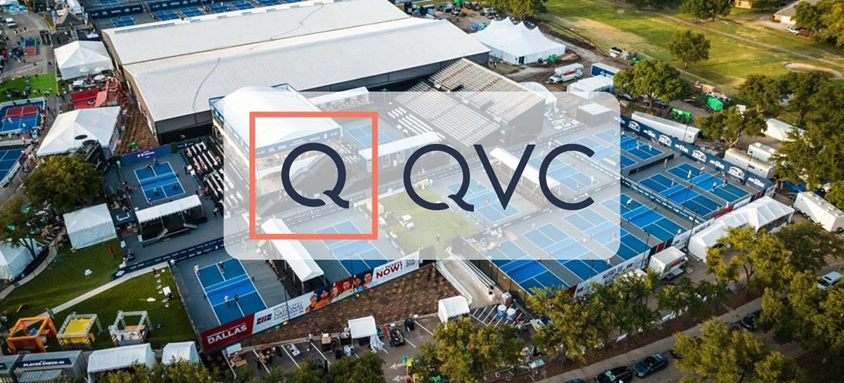 QVC logo placed against a background of pickleball courts during the last USAP Nationals event