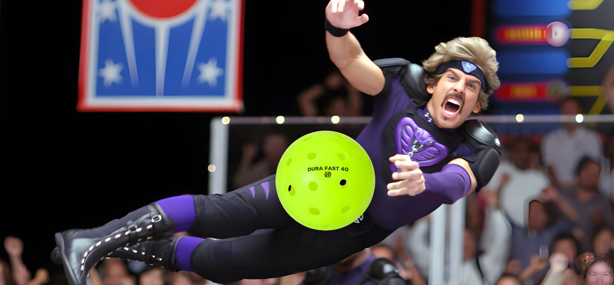 A photoshopped image of Ben Stiller diving in the movie Dodgeball, with a pickleball replacing the dodgeball