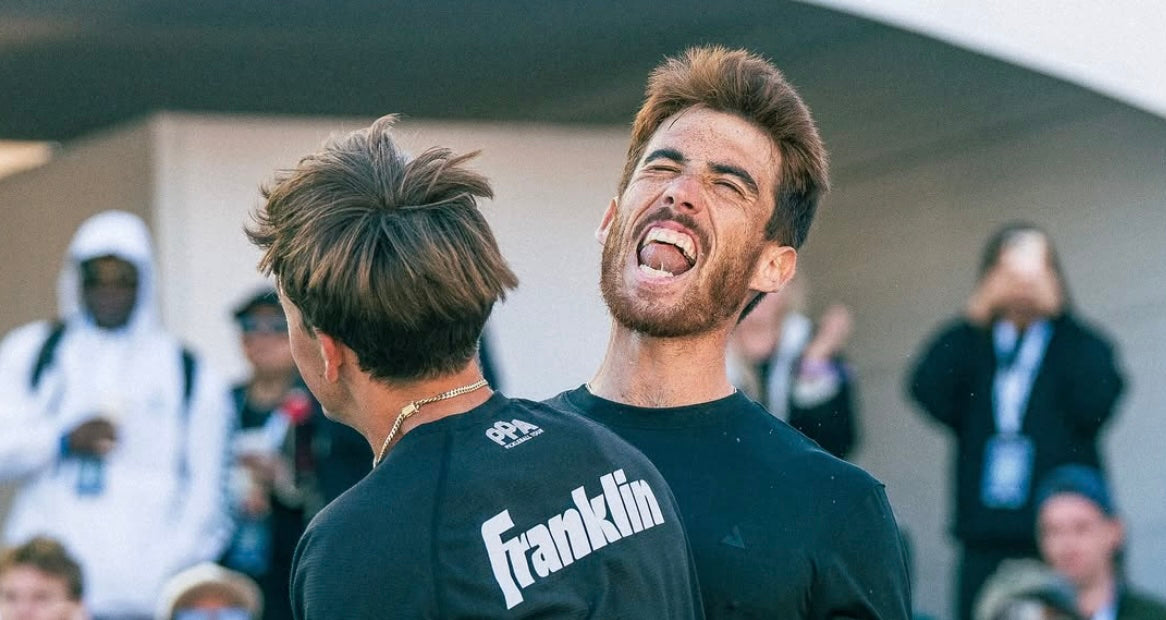 Federico Staksrud and Hayden Patriquin celebrate after winning a gold medal Sunday at the 2025 PPA Tour Pickleball World Championships.