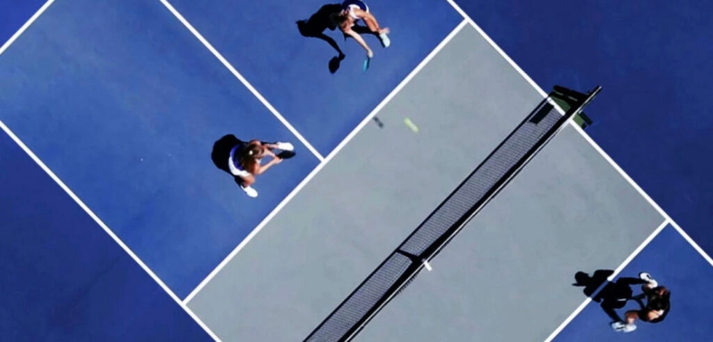 An aerial view of people playing pickleball.