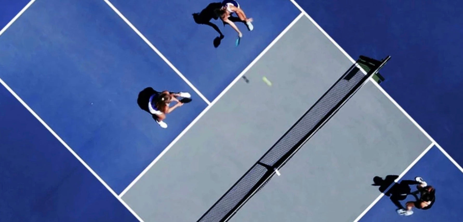 An aerial view of people playing pickleball.