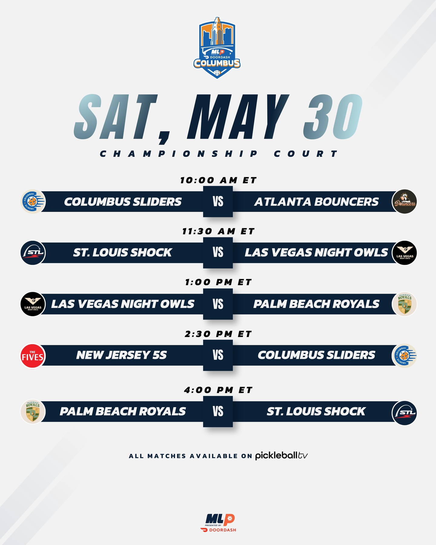 MLP Columbus 2026 Saturday matches