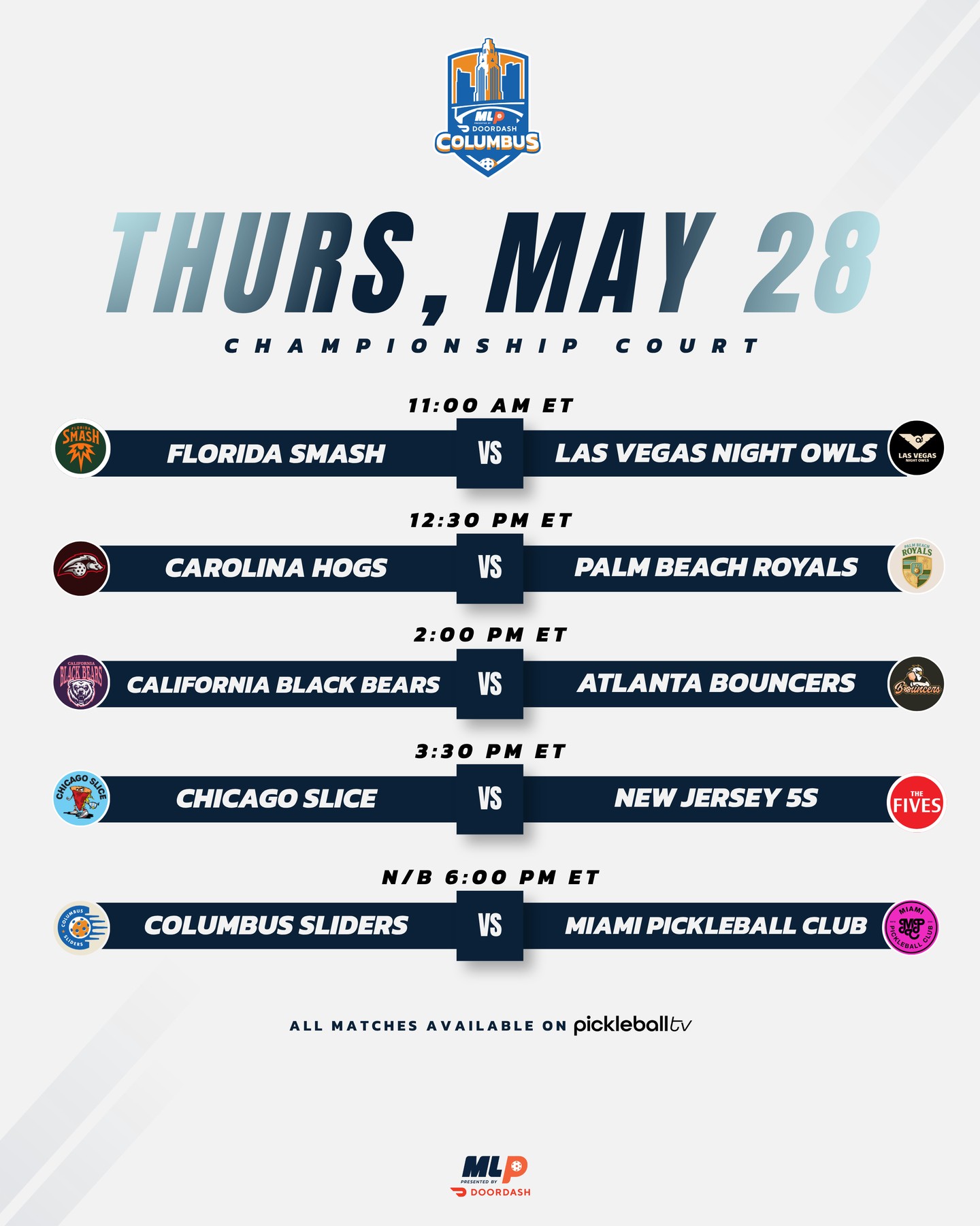 MLP Columbus 2026 Thursday matches
