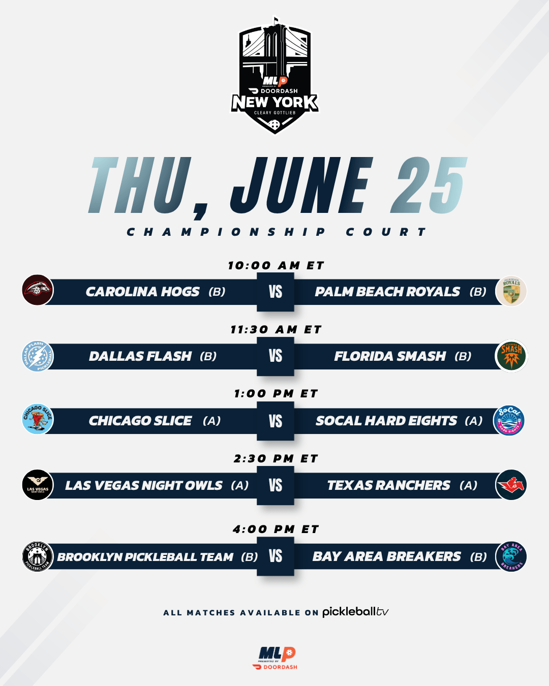 Major League pickleball Thursday Championship Court schedule.