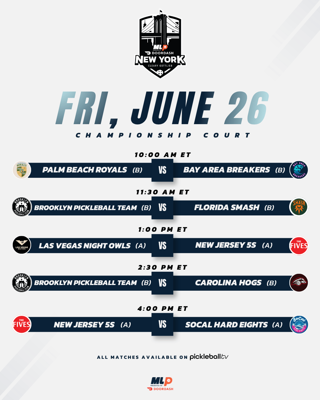 Major League Pickleball Friday Championship Court schedule.