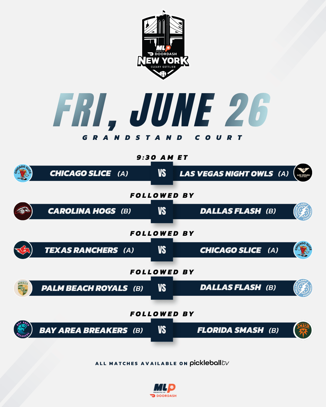 Major League Pickleball Friday Grandstand Court schedule.