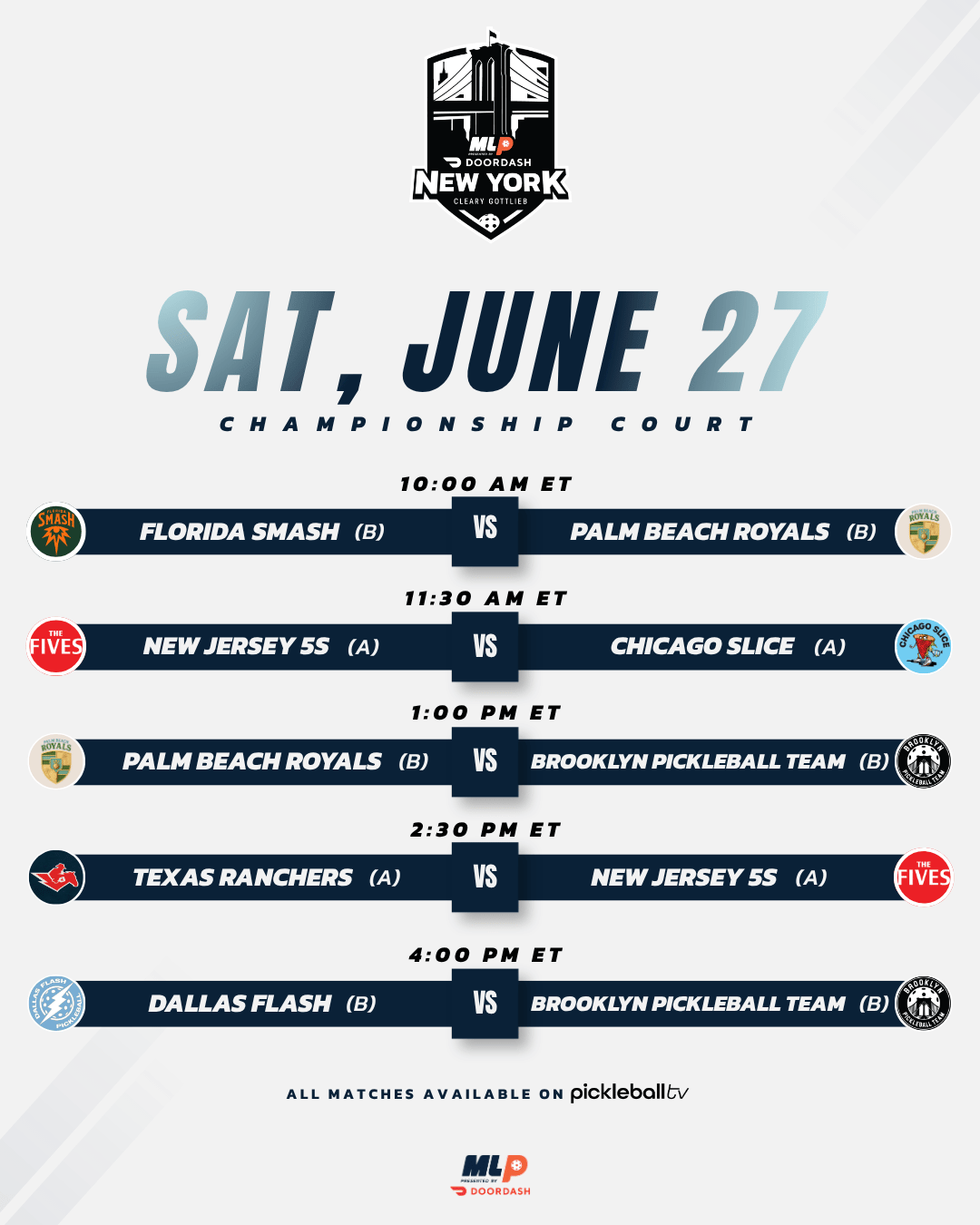 Major League Pickleball Saturday Championship Court schedule.