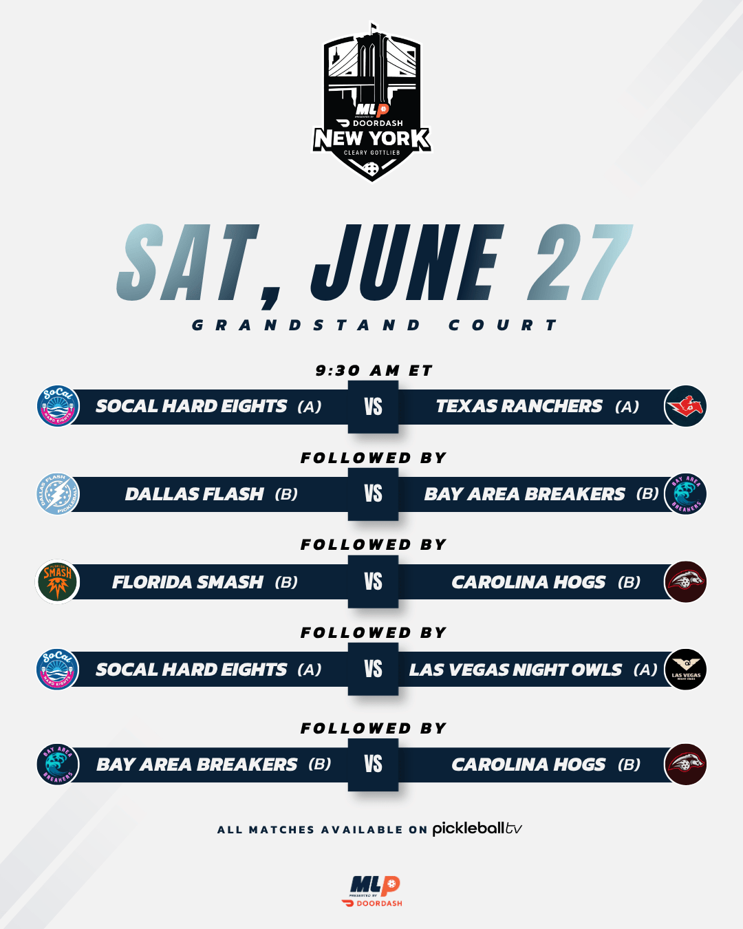Major League Pickleball Saturday Grandstand Court schedule.