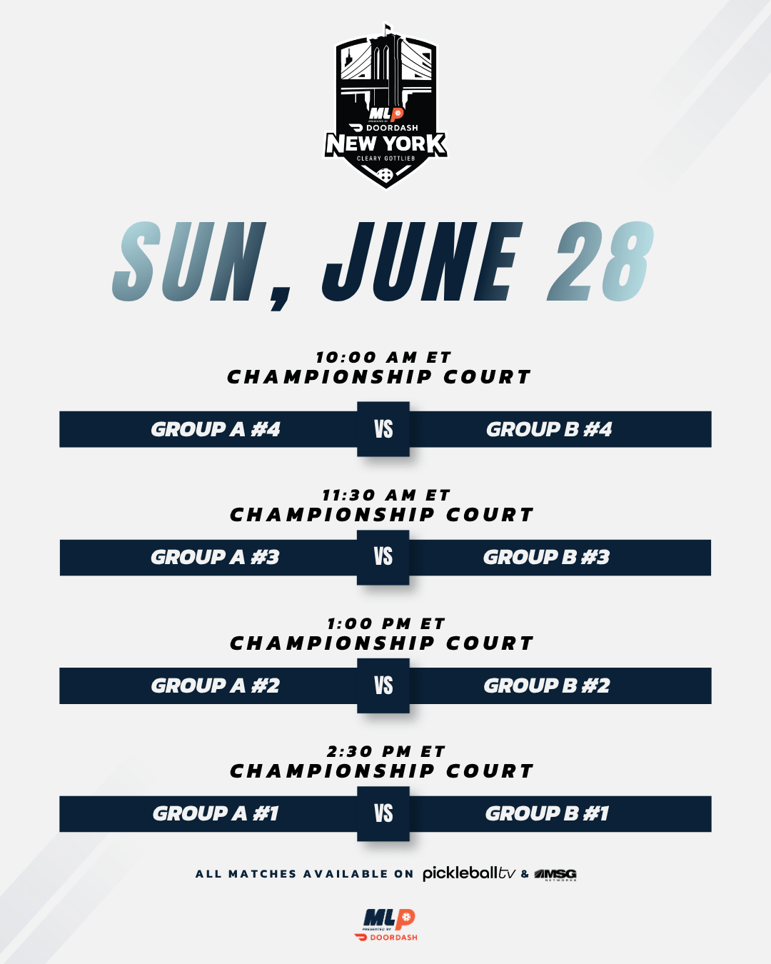 Major League Pickleball New York Sunday schedule.