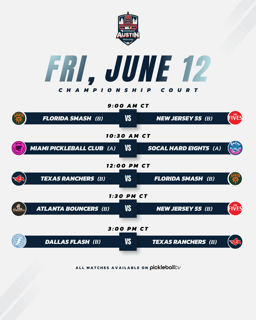 Major League Pickleball Austin 2026 Friday Championship Court schedule.