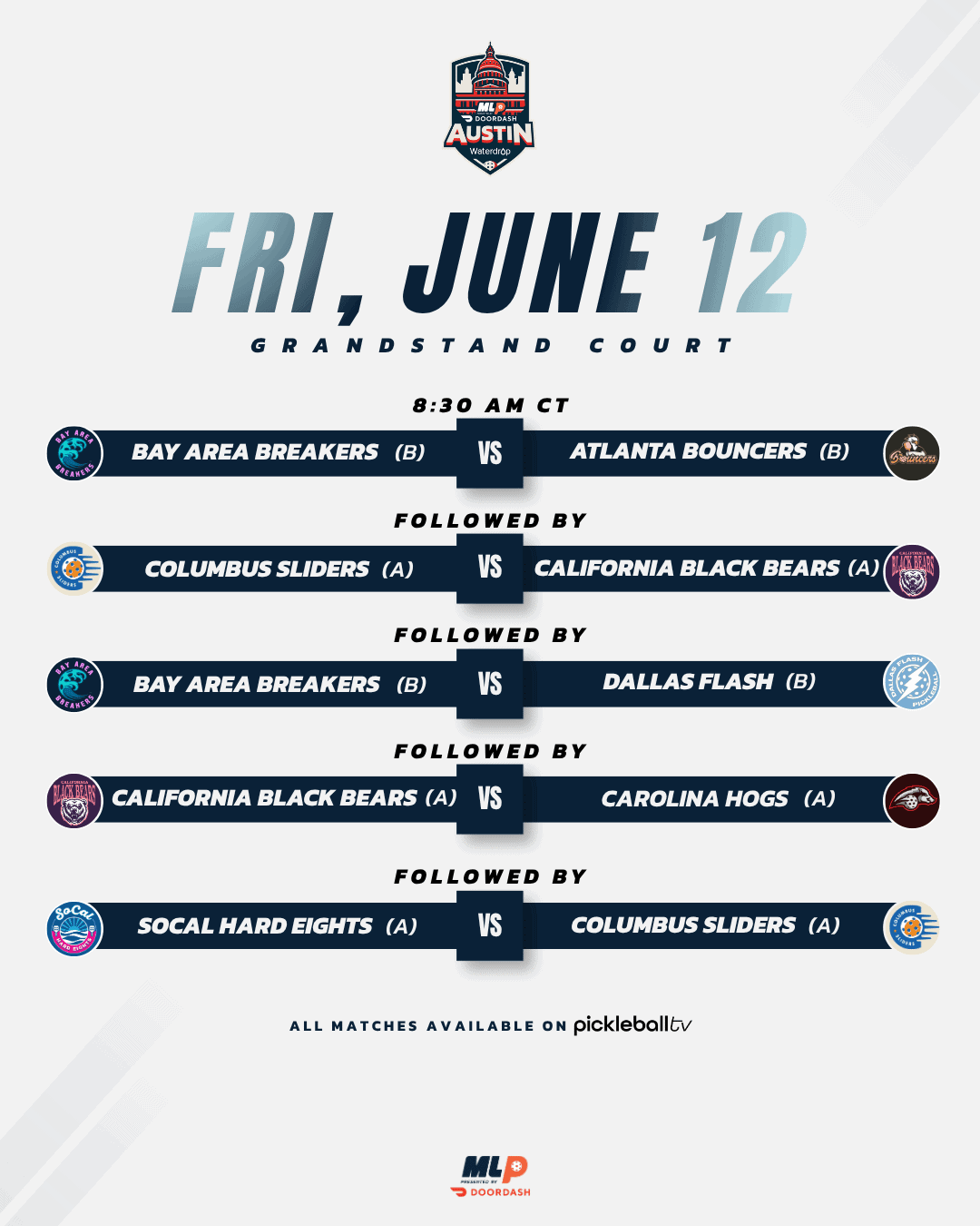Major League Pickleball Austin 2026 Friday Grandstand Court schedule.