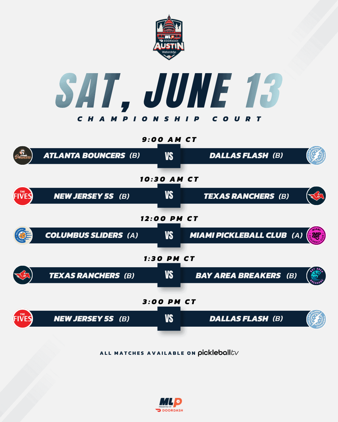 Major League Pickleball Austin 2026 Saturday Championship Court schedule.