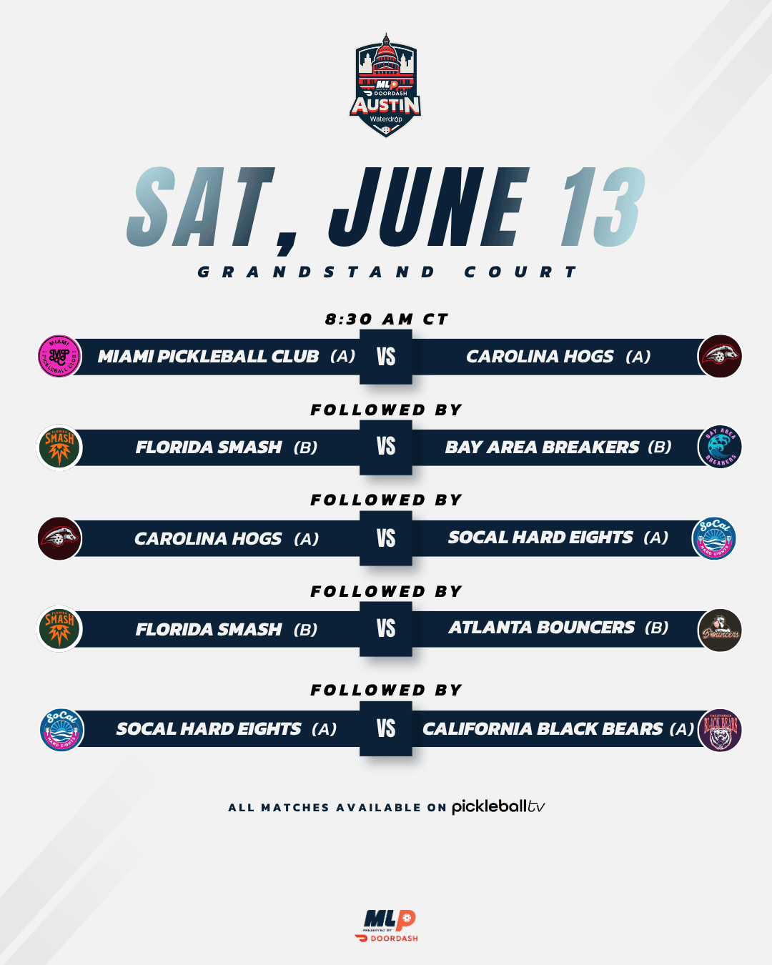 Major League Pickleball Austin 2026 Saturday Grandstand Court schedule.