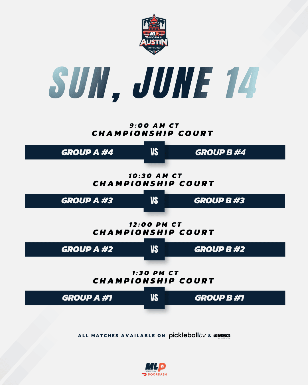 Major League Pickleball Austin 2026 Sunday Championship Court schedule.