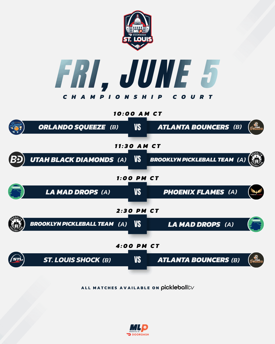 Major League Pickleball St. Louis 2026 Friday Championship Court schedule.