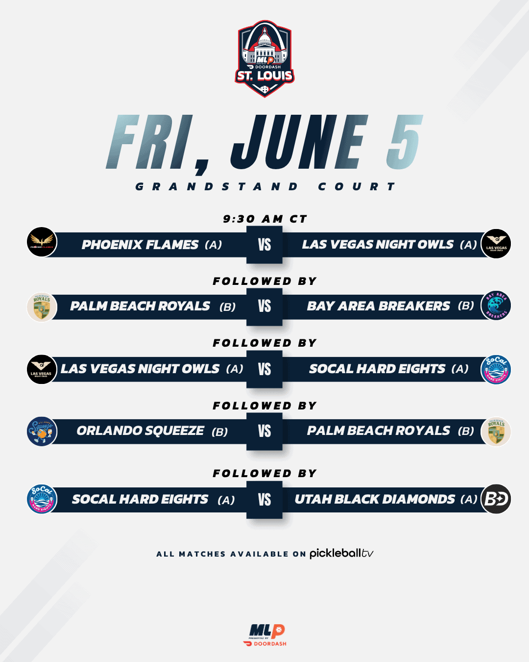 Major League Pickleball St. Louis Friday Grandstand Court schedule.