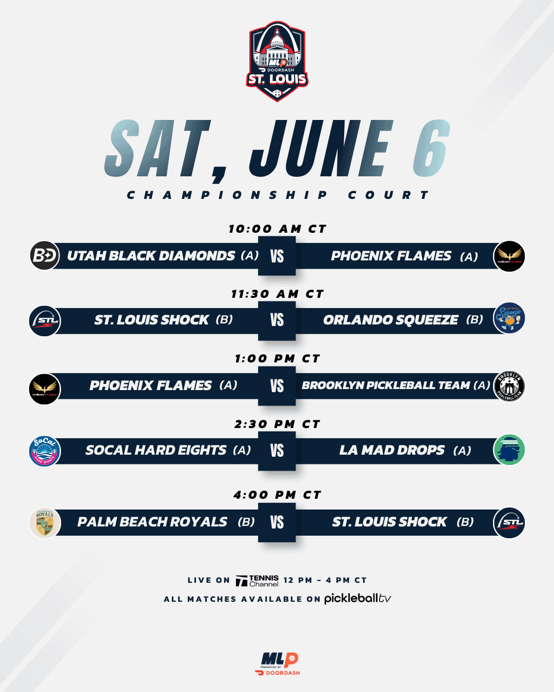 Major League Pickleball St. Louis 2026 Saturday Championship Court schedule.