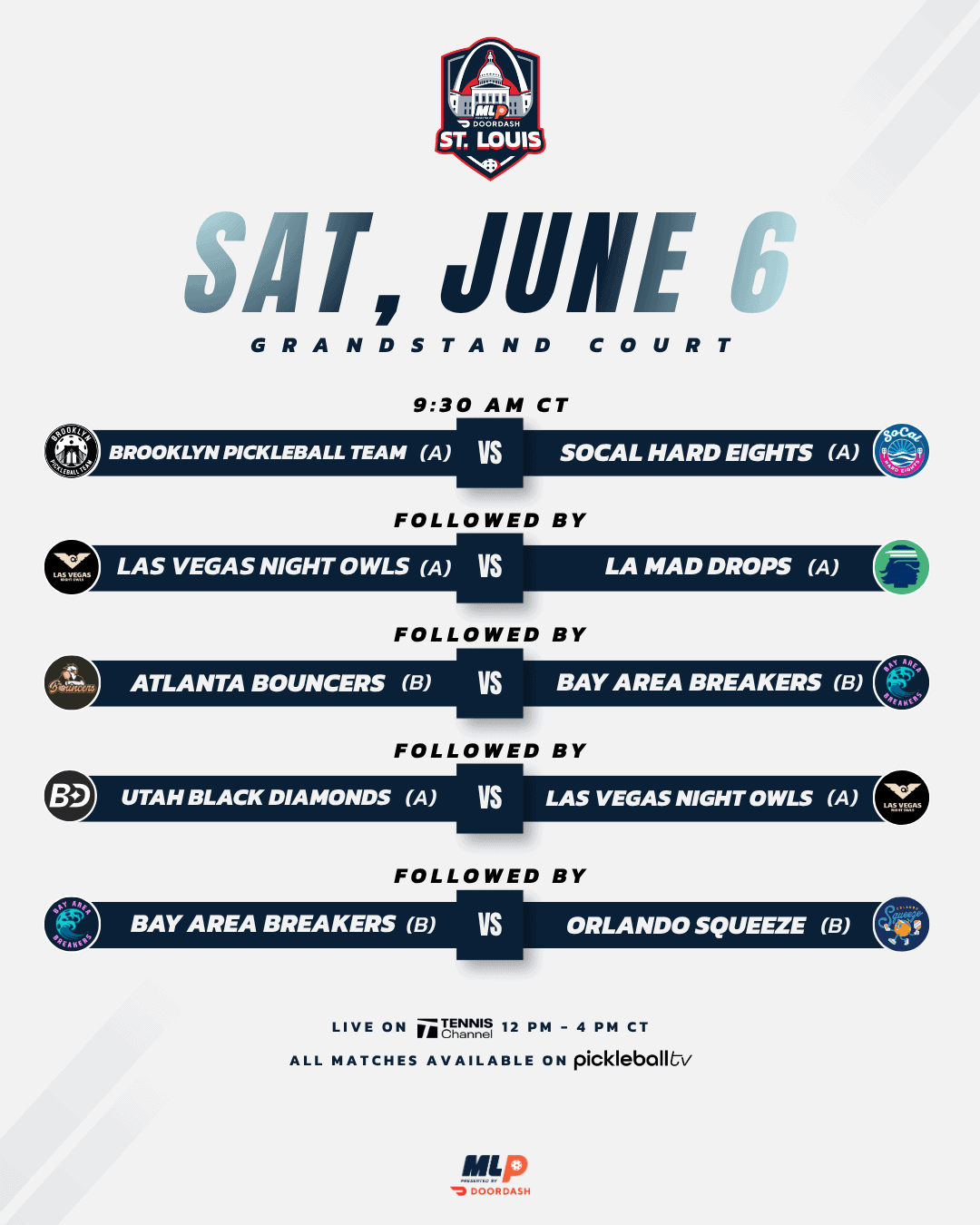 Major League Pickleball St. Louis 2026 Saturday Grandstand schedule.
