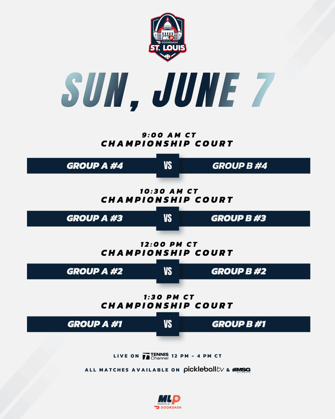 Major League Pickleball St. Louis 2026 Sunday schedule.