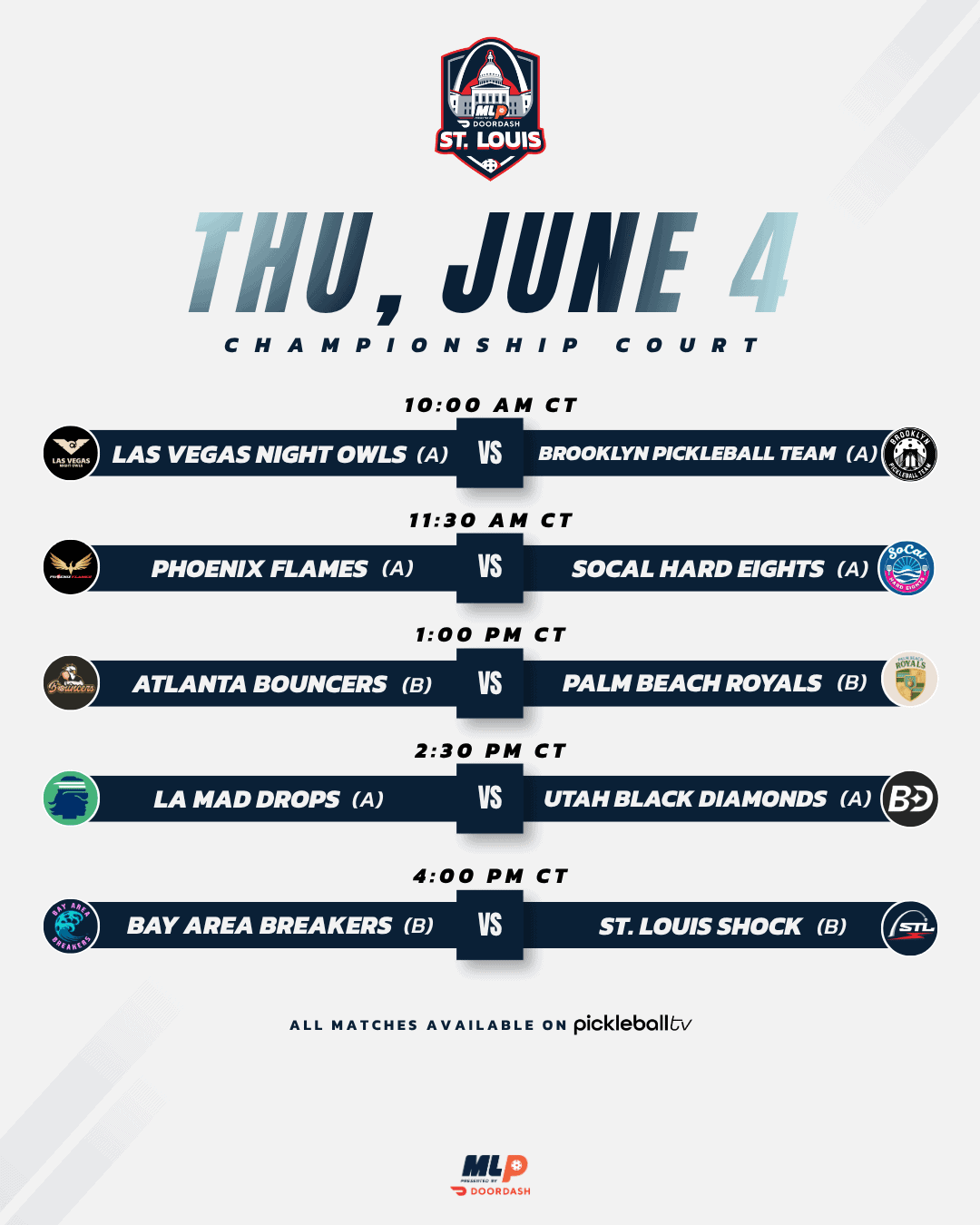 Major League Pickleball St. Louis 2026 Thursday Championship Court schedule.